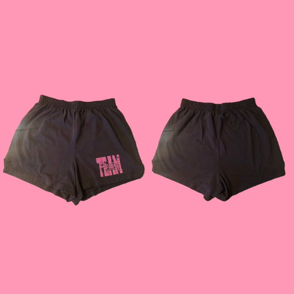 Black athletic shorts with pink Prestige logo & stretchy.